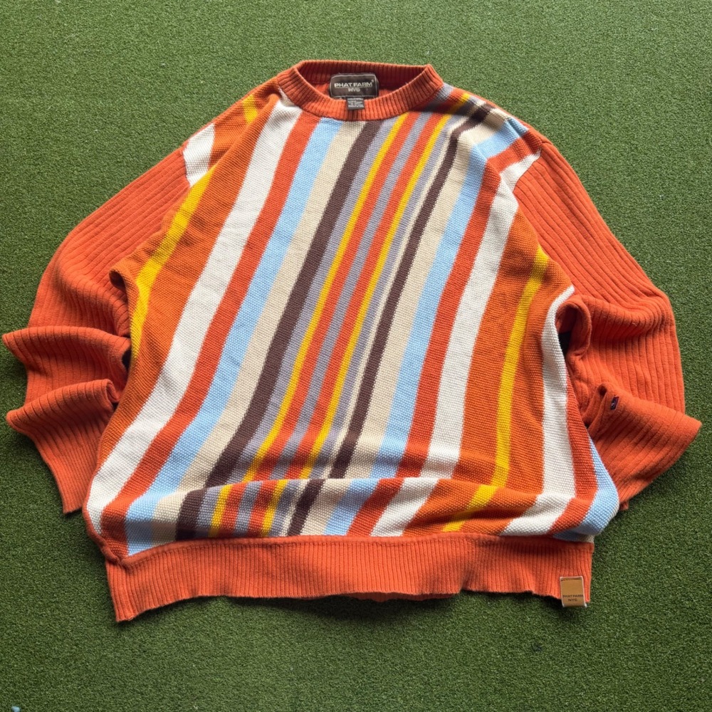 Vintage Phat Farm NYC Mens XL Orange Multi Color Striped Cotton Knit Sweater Y2K